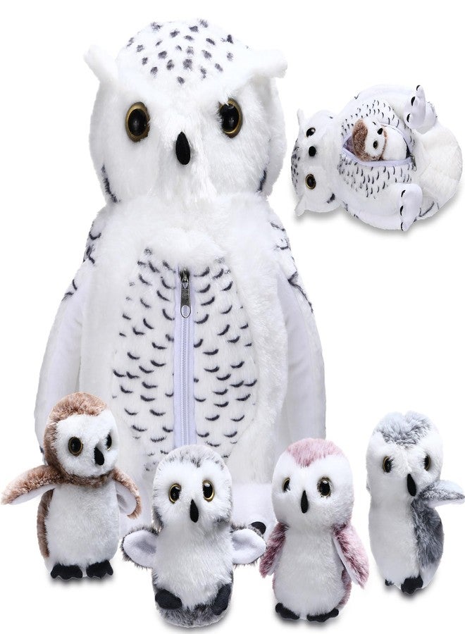 Hollowfly 5 Pcs Owls Plush Toy Gift Set 15.7" Mommy White Owls with 4 Cute Babies Stuffed Animal in Zippered Belly Nurturing Plushies Toy Set for Kid Adults Birthday Birthday Party Favors Gifts - Image 1